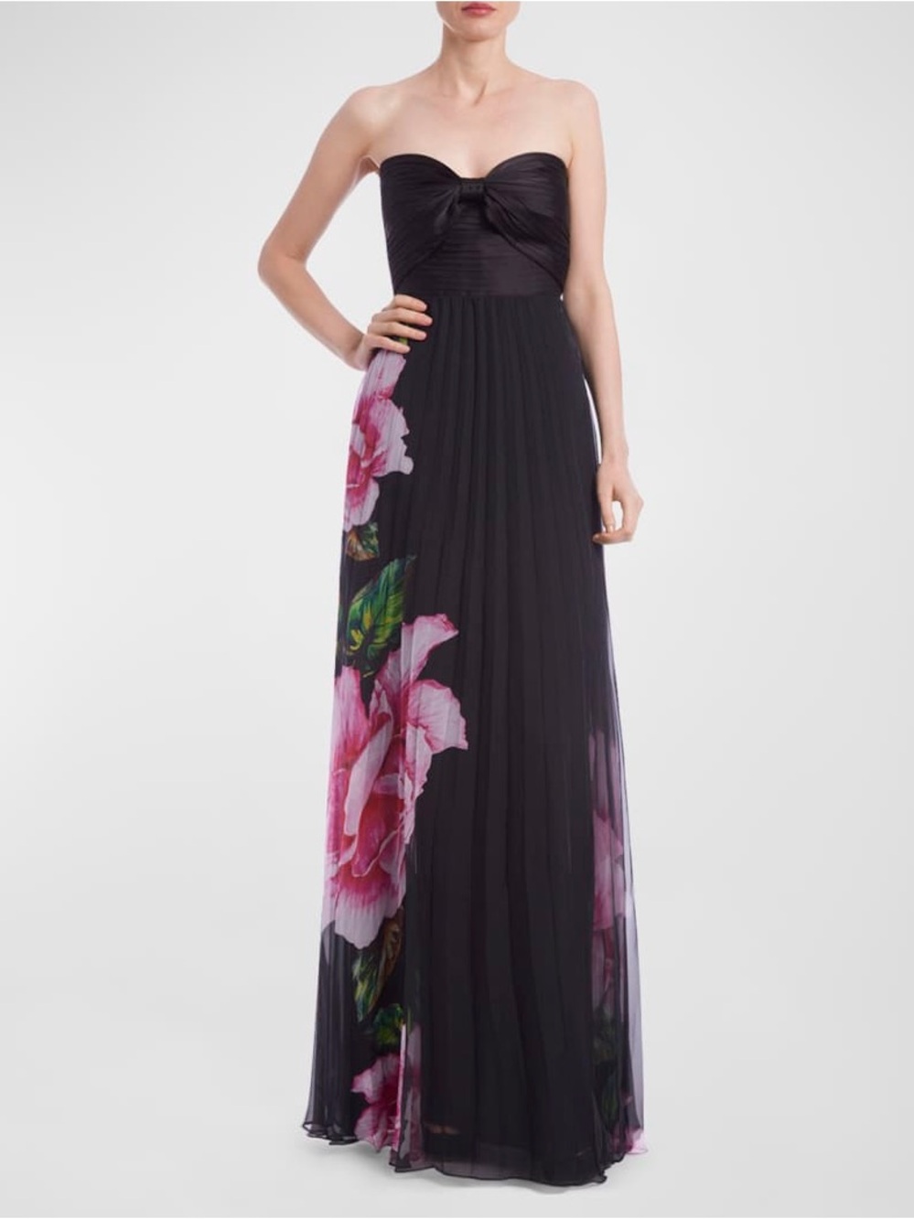 Strapless Black Maxi Dress with Pink Floral Accent
